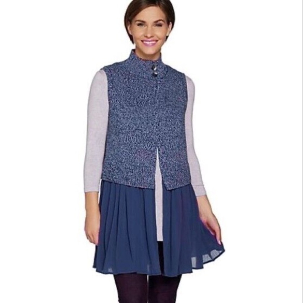 Logo Lori Goldstein Sweater Knit Vest Size M Woven Trim Cardigan Twight Blue